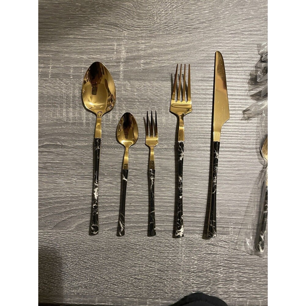 20 Piece Faux Black Marbled Handles & Gold Stainless Steel Silverware Set
